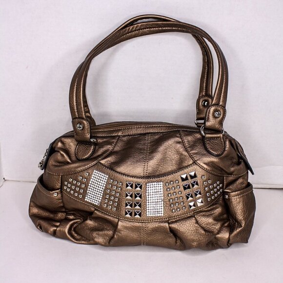 Kathy Van Zeeland Purse Top Handle Bag Vinyl Studded Rhinestones Brown - Picture 1 of 7